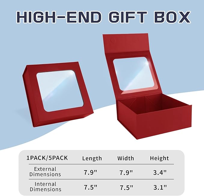 TIACABO Red Gift Box with Window,7.5"x7.5"x3.1" Bridesmaid Boxe for Gifts Giving,Birthday Gift Boxes with Magnetic,Closure Lid Gifts Boxes for Presents,Cute Box,Luxury for Gift Packaging
