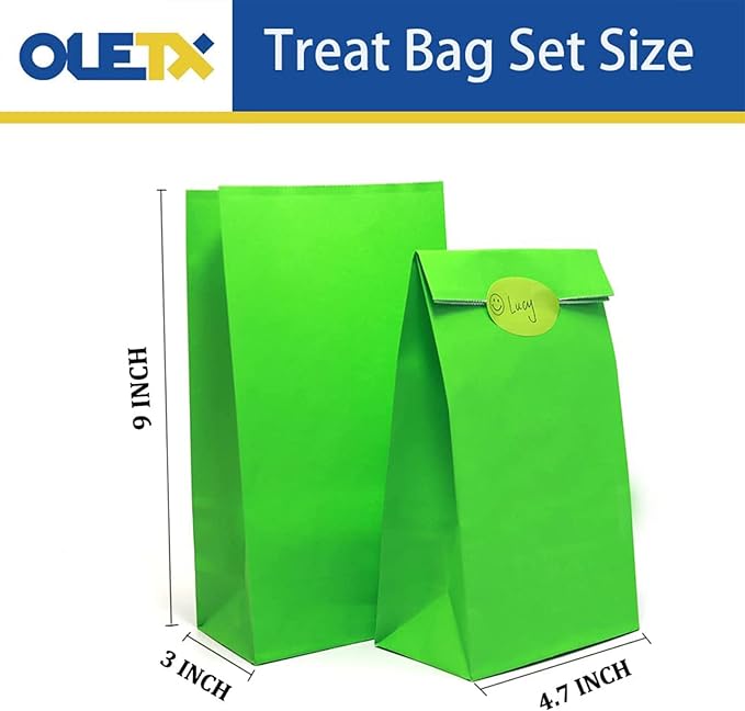 Oletx 30-Pack Green Party Favor Paper Bags, 9'' Wrapped Treat Bags for Birthday Party, Baby Shower, School Activities
