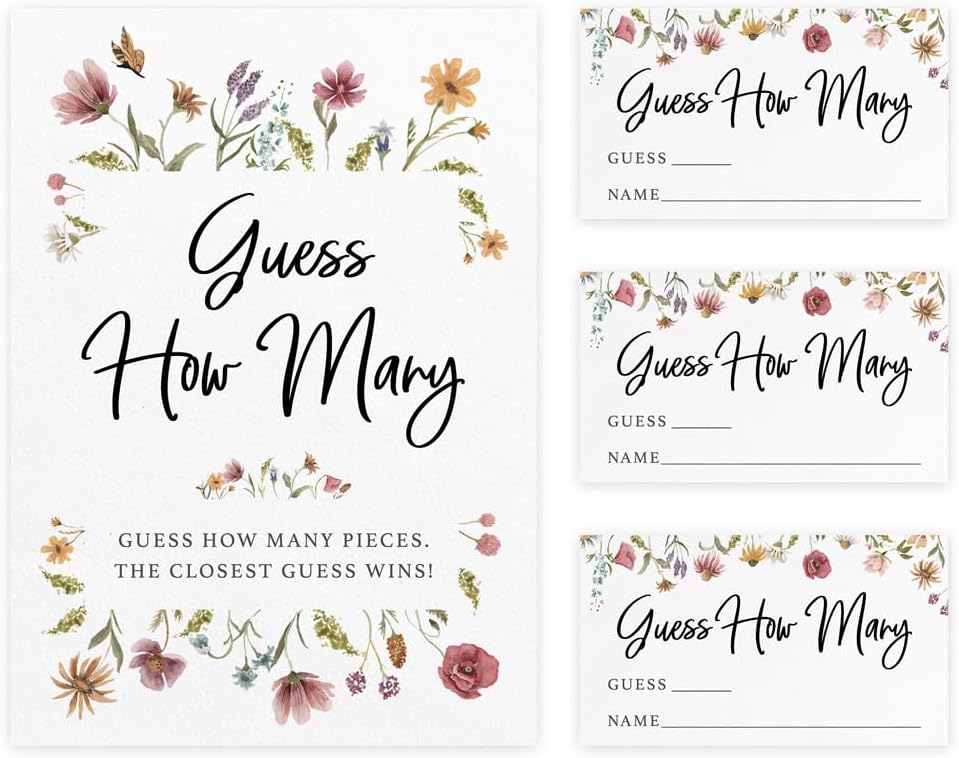 Guess How Many Shower Game, 50 Cards + Sign, Wildflower in Bloom | Baby Shower Games for Girl, Bridal Shower Activity, Candy Jar Kisses, Floral Garden Party Decor, Made in USA by Printed Party