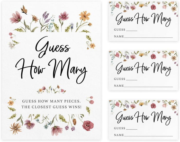 Guess How Many Shower Game, 50 Cards + Sign, Wildflower in Bloom | Baby Shower Games for Girl, Bridal Shower Activity, Candy Jar Kisses, Floral Garden Party Decor, Made in USA by Printed Party