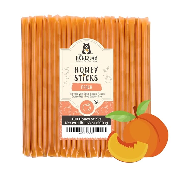 The Honey Jar Peach Flavored Honey Sticks - Pure Honey Straws For Tea, Coffee, or a Healthy Treat - One Teaspoon of Flavored Honey Per Stick - Made In The USA with Real Honey - (100 Count)