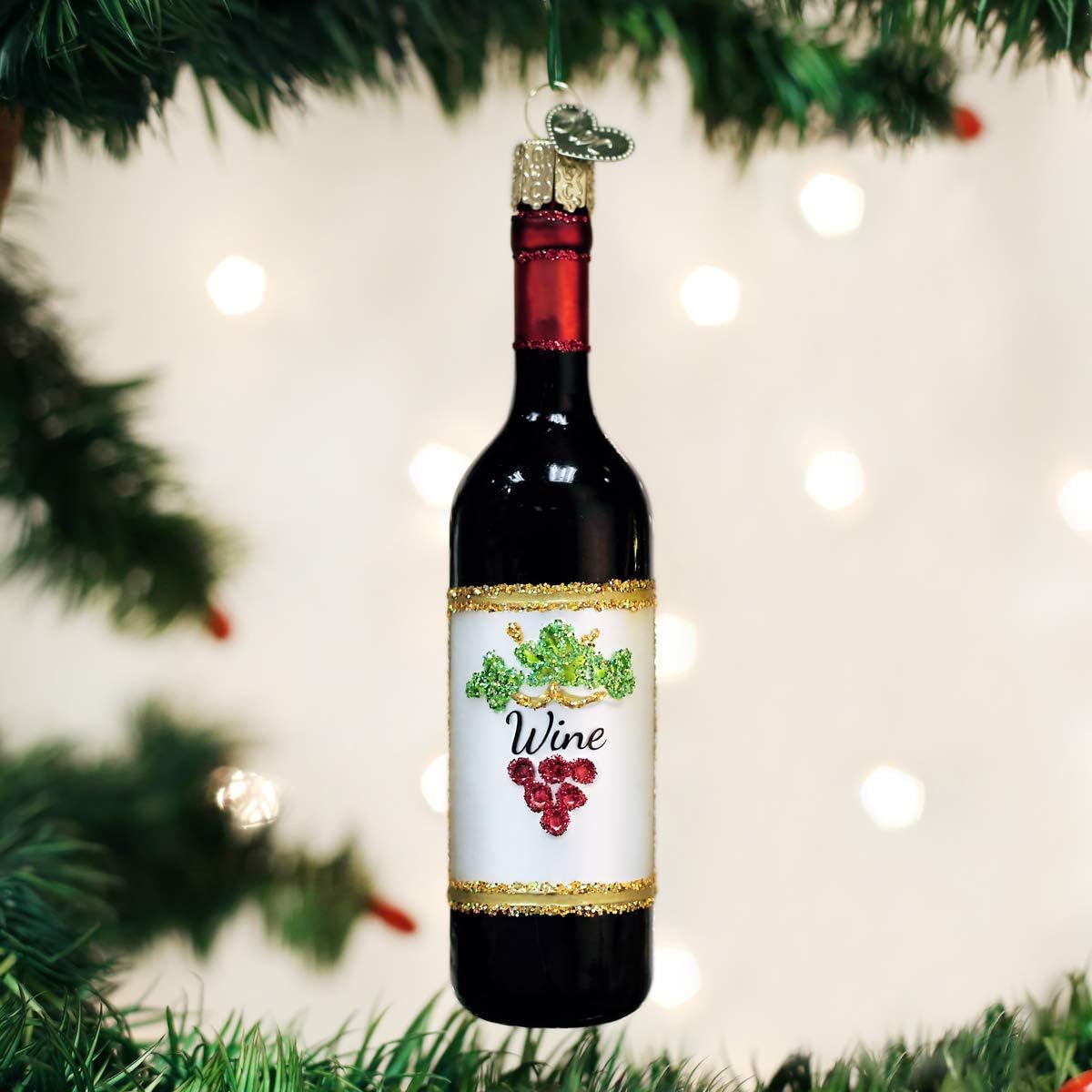Old World Christmas Red Wine Bottle Glass Blown Ornament for Christmas Tree, Handcrafted Holiday Decoration, Adult Beverages Collection