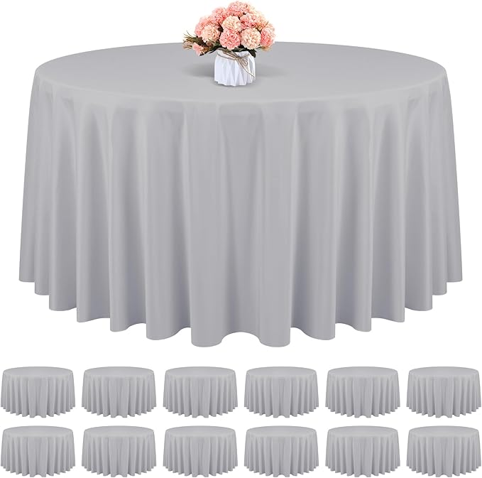 12 Pack Round Tablecloth 90 Inch - Light Grey Polyester TableCloth for Round Table, Premium Light Grey Tableclothes Washable Fabric Table Cover for Wedding Party Banquet Restaurant Reception Dining