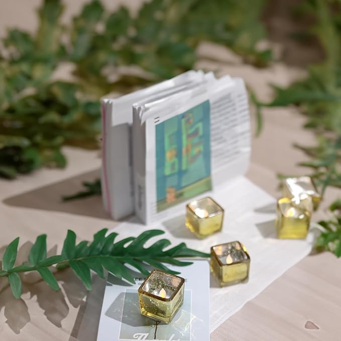 WGV 2 Inch Gold Speckle Square Cube Glass Votive Candle Holder Bulk, Small Tiny Mercury Tea Light 2x2”, 6 Pc