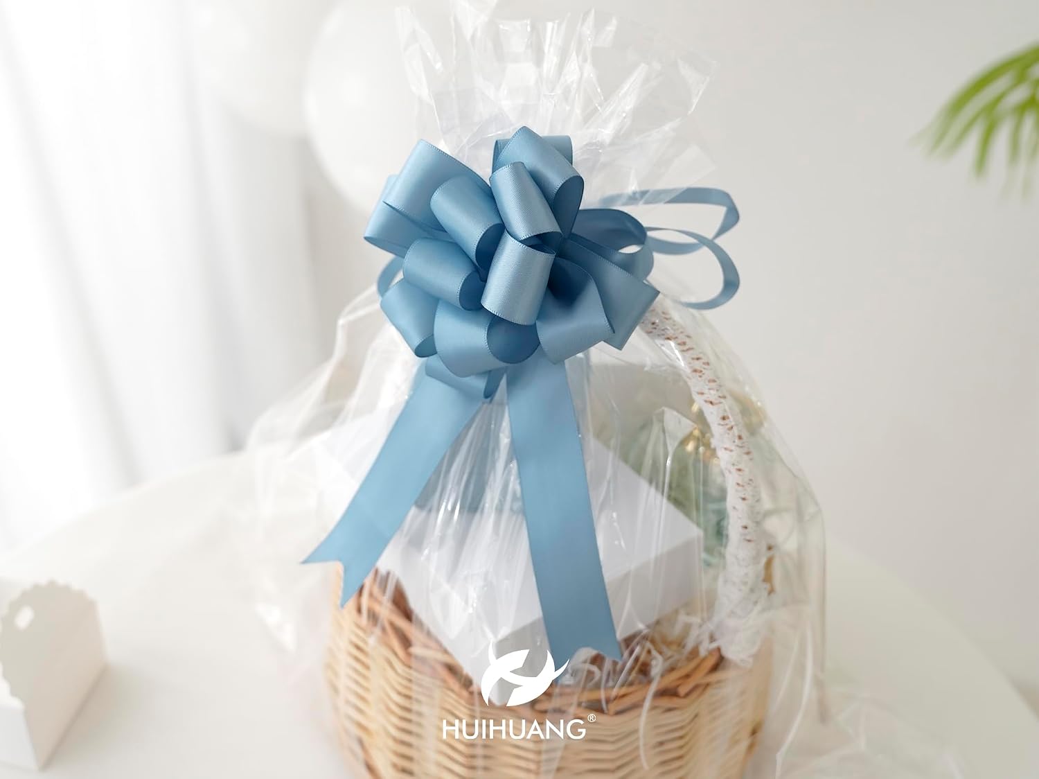 HUIHUANG Dusty Blue Pull Bows 4"x8" Blue Satin Gift Bow for Gift Wrapping, Presents, Gift Basket, Paper Bag, Baby Shower Favors, Wrapping Accessories, Wedding Bridal Shower Decor, 12 PCS