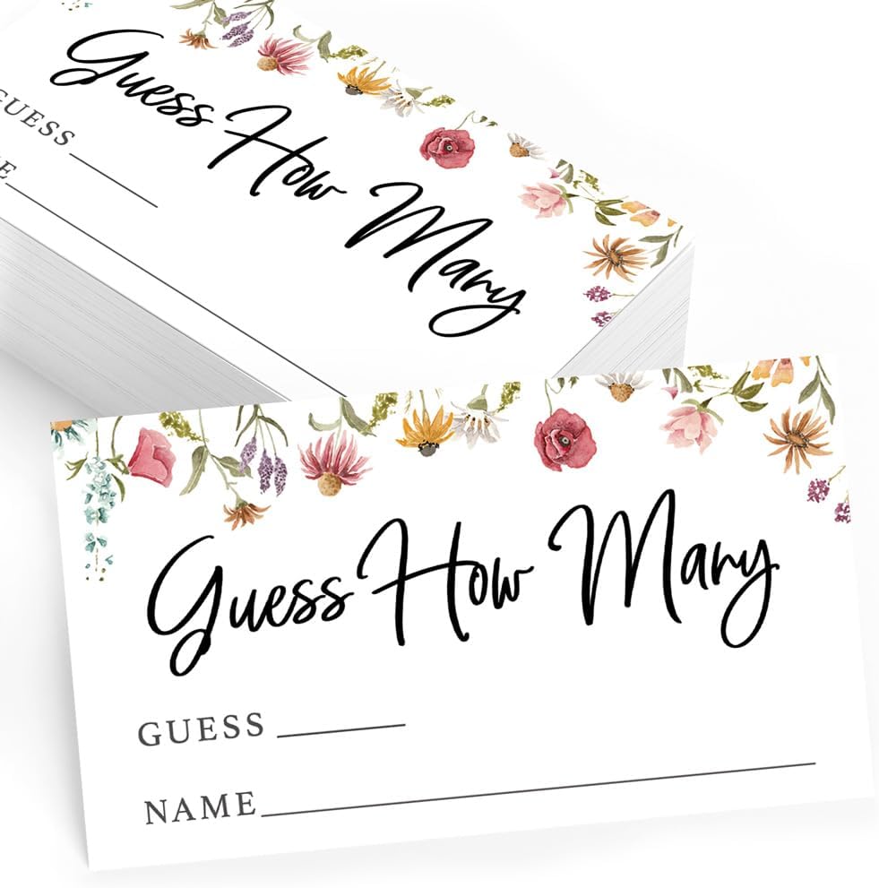 Guess How Many Shower Game, 50 Cards + Sign, Wildflower in Bloom | Baby Shower Games for Girl, Bridal Shower Activity, Candy Jar Kisses, Floral Garden Party Decor, Made in USA by Printed Party