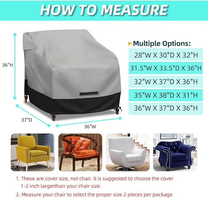 Patio Swivel Chair Cover Waterproof 2 Pack, 600D Heavy Duty Outdoor Furniture Covers for Universal Lawn/Deck/Garden/Backyard Fits up 36" W*37" D*36" H, Gray/Black