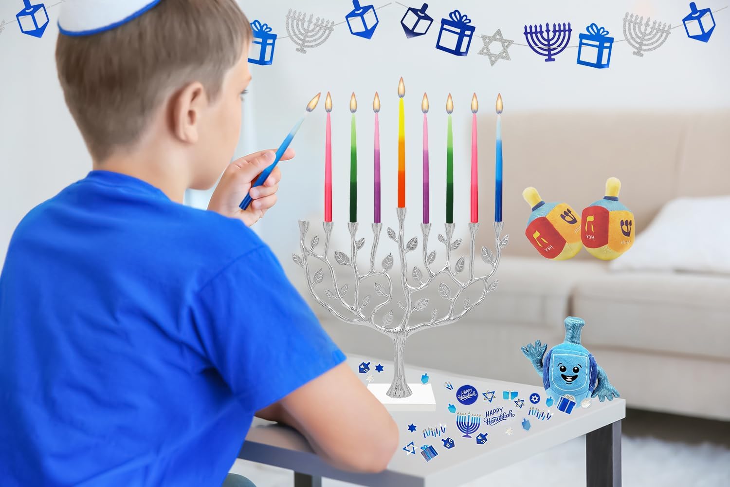 The Dreidel Company Dripless Deluxe Tapered Hanukkah Candles, Multicolored 3-Tone Pastel Decorations, 45 Menorah Candles for All 8 Nights of Chanukah 1-Hour Burn Time