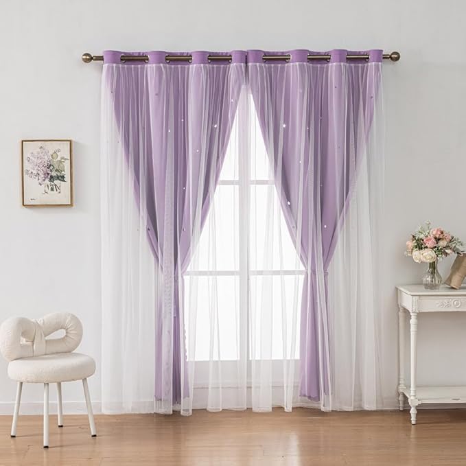 Ombre Rainbow Blackout Curtains for Kid Girls Bedroom Living Room Darking Stripe Double Layer Star Cut Out Wall Home Decor Gradient Grommet Window Curtains (Purple 95L)
