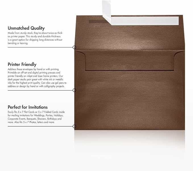 LUXPaper A7 Invitation Envelopes | Peel & Press | 5 1/4" x 7 1/4" | Bronze Metallic | 80lb. Text | 50 Qty
