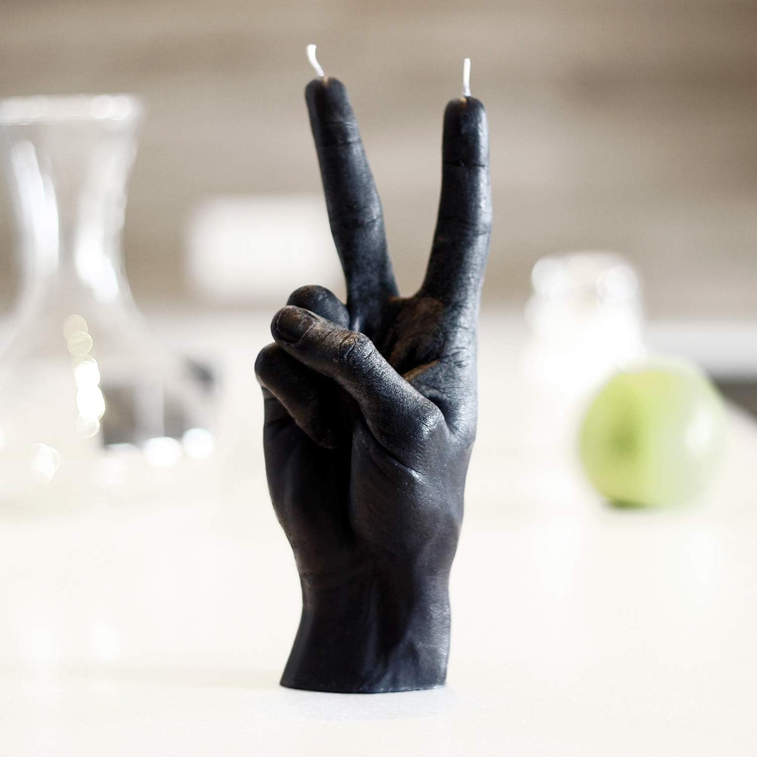 Hand Gesture Candle Peace Sign - Big Real Hand Size 6.7 x 4.3 x 2.4 inches - Handmade Winner Statue - Birthday, Office, Housewarming Gift (Black)