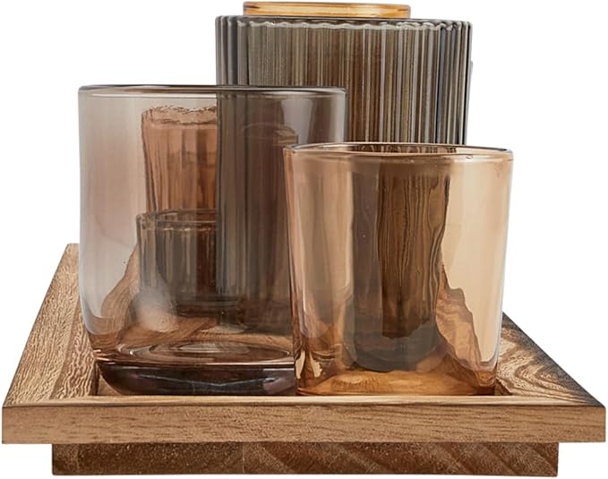 Wood Tray with 9 Brown Glass Votive Holders (Set of 10 Pieces)