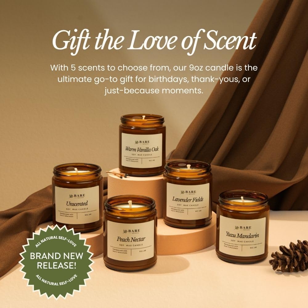 Bare Botanics 9oz Non Toxic Soy Candle Warm Vanilla Oak - 40+ Hour Burn | 100% Plant-Based Fragrance Oils | Handpoured in Wisconsin | Clean-Burning Soy Wax