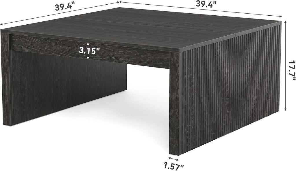 little tree 39.4" square fluted coffee table, mid-century, side view