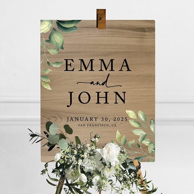 Andaz Press Large Wooden Welcome Sign for Wedding, Rustic Welcome Sign 16" x 20" Custom Names Greenery Leaves Wedding Signage English Oak MDF Wood Finish Wedding Reception Indoor Outdoor Signs