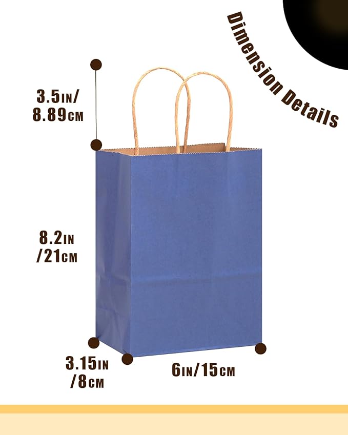 qiqee 50-Packs Gift Bag with Handles Bulk Kraft Deep Blue Paper Bags Multiple Uses (8.3"x3"x6"inch Small Size)