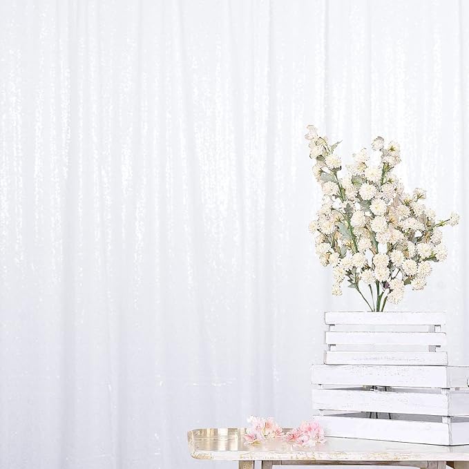 ShinyBeauty Sequin Backdrop White 4x8FT Sequin Fabric Backdrop Shimmer for Photograph Wedding,8FT White Glitter Curtain for Baby Birthday Background