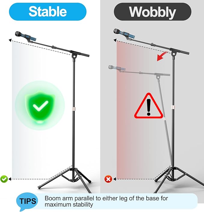 Mic Stand with Boom Arm, Heavy Duty Tripod Microphone Stand Floor Holder Height Adjustable with Carrying Bag and 2 Mics Clips for Singing Performance, Home Studio Recording, Podcast and Stage