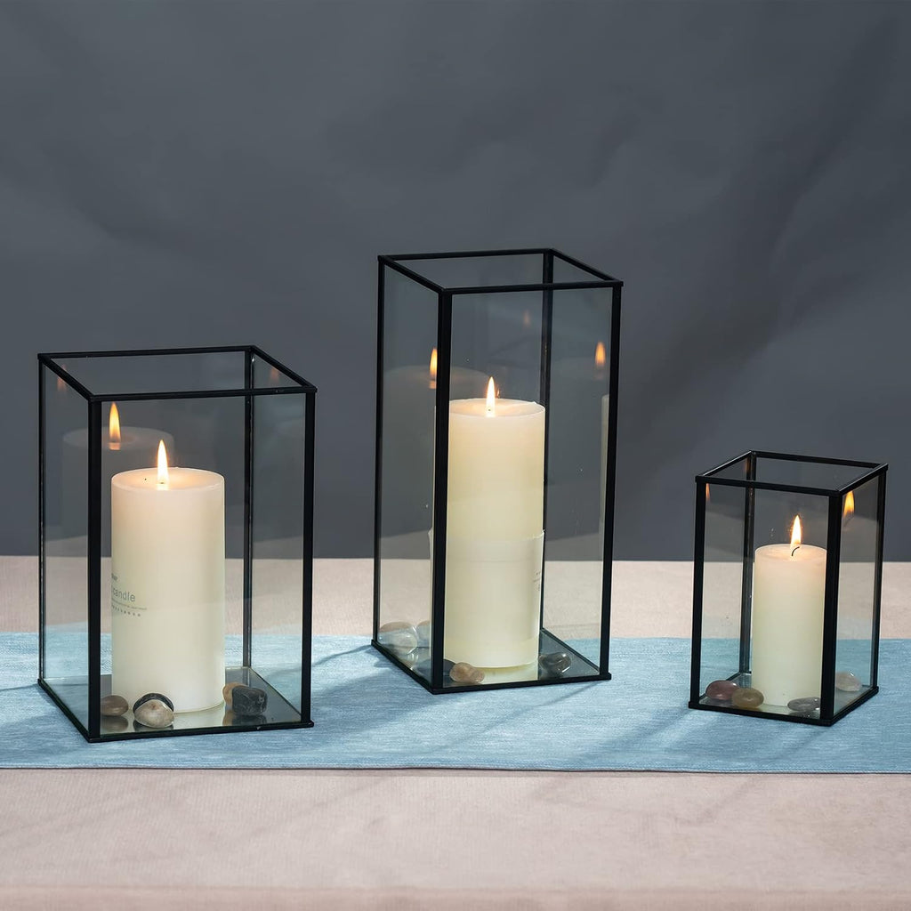 yshengood Large Glass Hurricane Candle Holder Set of 3 PCS, Black Frame and Glass Hurricane Candleholders