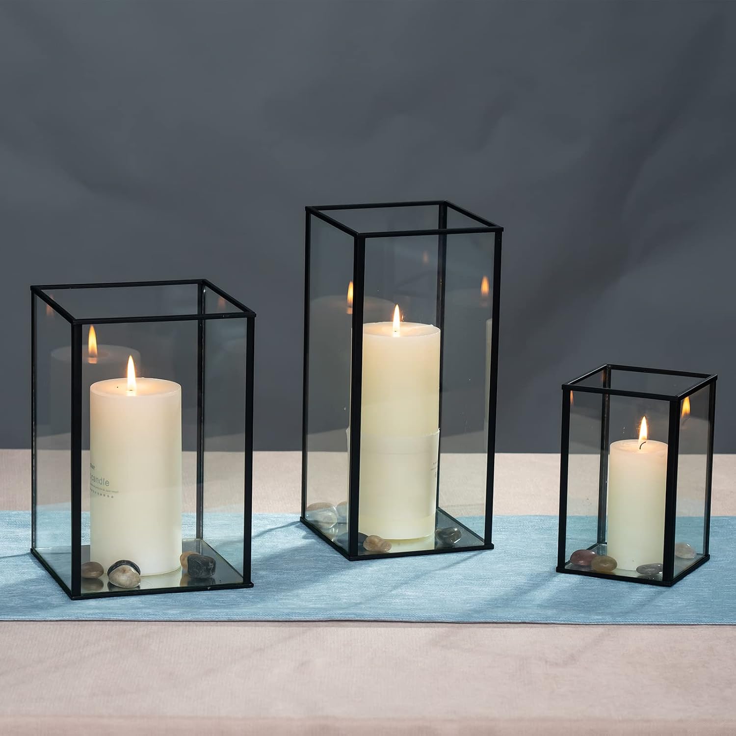 yshengood Large Glass Hurricane Candle Holder Set of 3 PCS, Black Frame and Glass Hurricane Candleholders