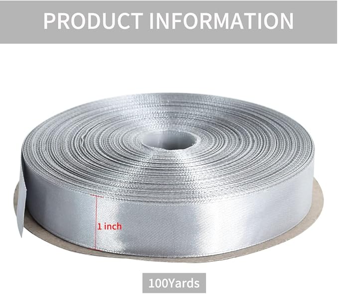 TONIFUL 1 Inch x 100yds Silver Satin Ribbon, Thin Solid Color Satin Ribbon for Gift Wrapping, Crafts, Hair Bows Making, Wedding Party Decoration, Invitation Cards, Floral Bouquets, Christmas