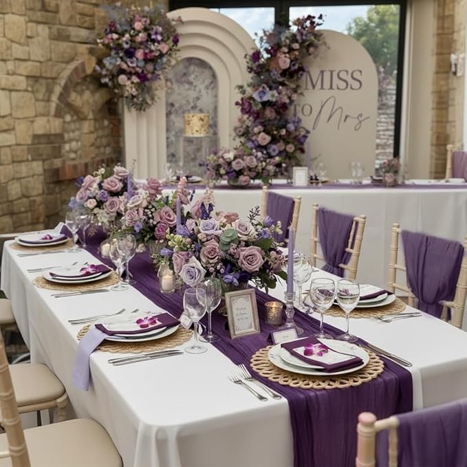 6 Pack Plum Purple Cheesecloth Table Runner 35x120 Inch Boho Gauze Table Runner Rustic Cheese Cloth Long Romantic Table Runners for Wedding Bridal Shower Birthday Party Table Decor