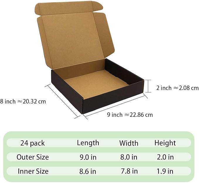 24 Pack 9x8x2 Inches Black Shipping Boxes，3 Layers Corrugated Cardboard Box, Black Mailer Boxes for Packaging Small Business Mailing Gifts Giving Products Wrap Boxes (9''x8''x2'')