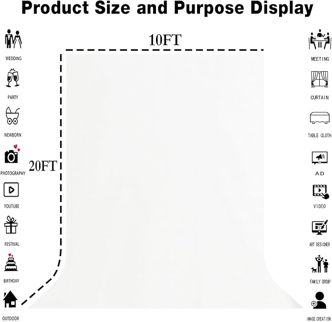 10x20FT Large White Screen Backdrop Photography Backgrounds for Zoom Meeting, Game Live Steaming and Photo Studio Shooting Props