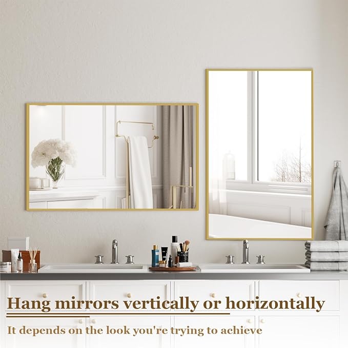BEAUTYPEAK Gold Bathroom Wall Mirror - 30" x 40" Rectangular Mirror with Metal Frame, Hangs Horizontal or Vertical for Living Room Bedroom Bathroom Entryway