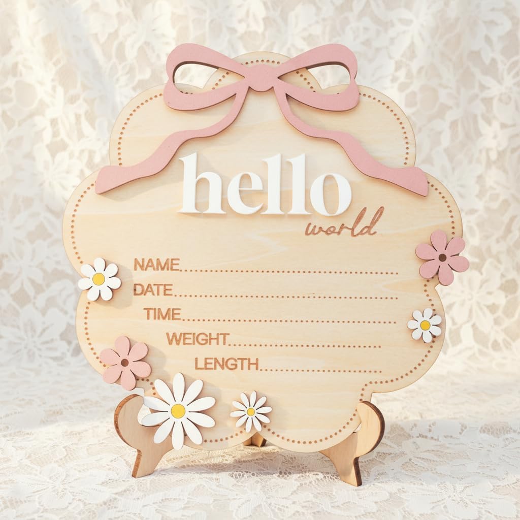 Hello World Wooden Baby Birth Announcement Sign with Pink Bow, Cloud Shape Floral Newborn Name Date Time Weight Length Board, Baby Girl Nursery Photo Prop (Light Pink)