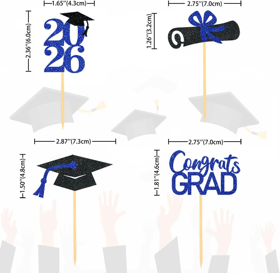 24Pcs Graduation Cupcake Toppers, Black and Blue Graduation Decorations Class of 2026 Cupcake Toppers (Black Blue)