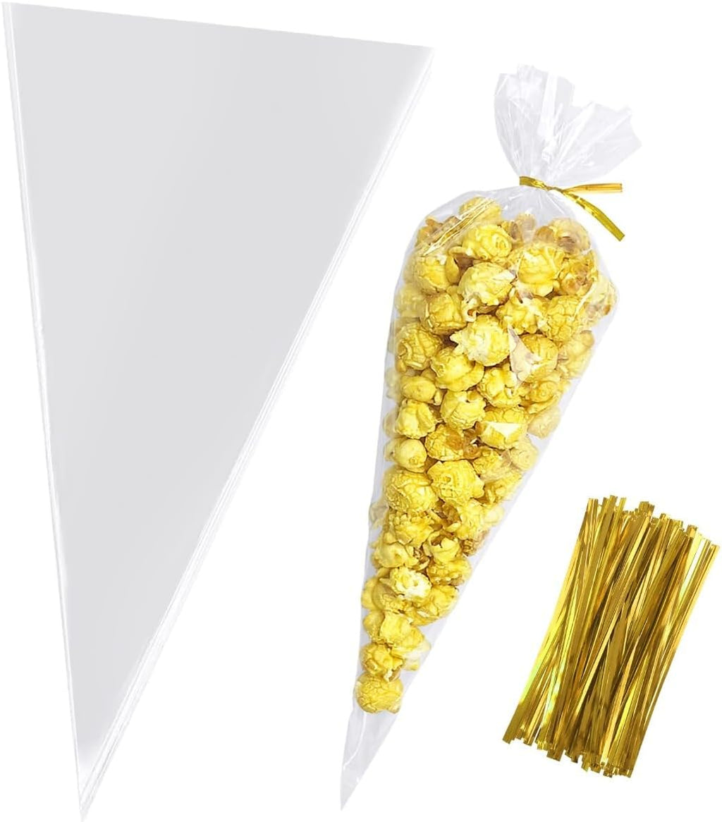 50pcs Clear Cone Cellophane Bags, Cello Cone-Shaped Treat Bags with Twist Ties, Plastic Triangle Bags for Popcorn and Candy Favors