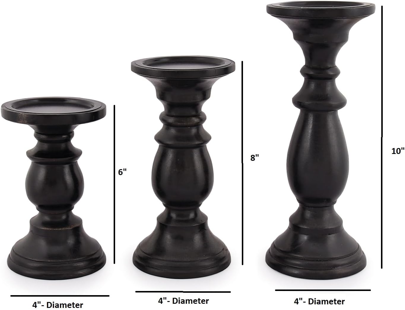 SAMHITA Set of 3 Farmhouse Mango Wood Candle Holders, in Black Finish for Table Centerpiece Candle for Any Room Decor