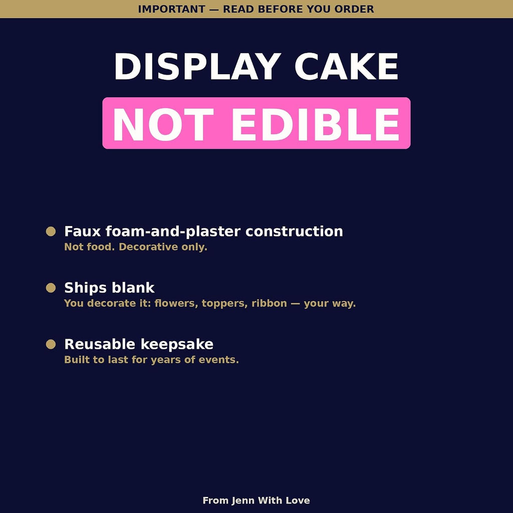 FromJennWithLove 3 Tier Fake Cake, 12" Tall Ready-to-Decorate Ivory Display Cake – 6-8-10 Inch Tiers – 4-Day Artisan Process, Made in USA – Reusable for Weddings & Events