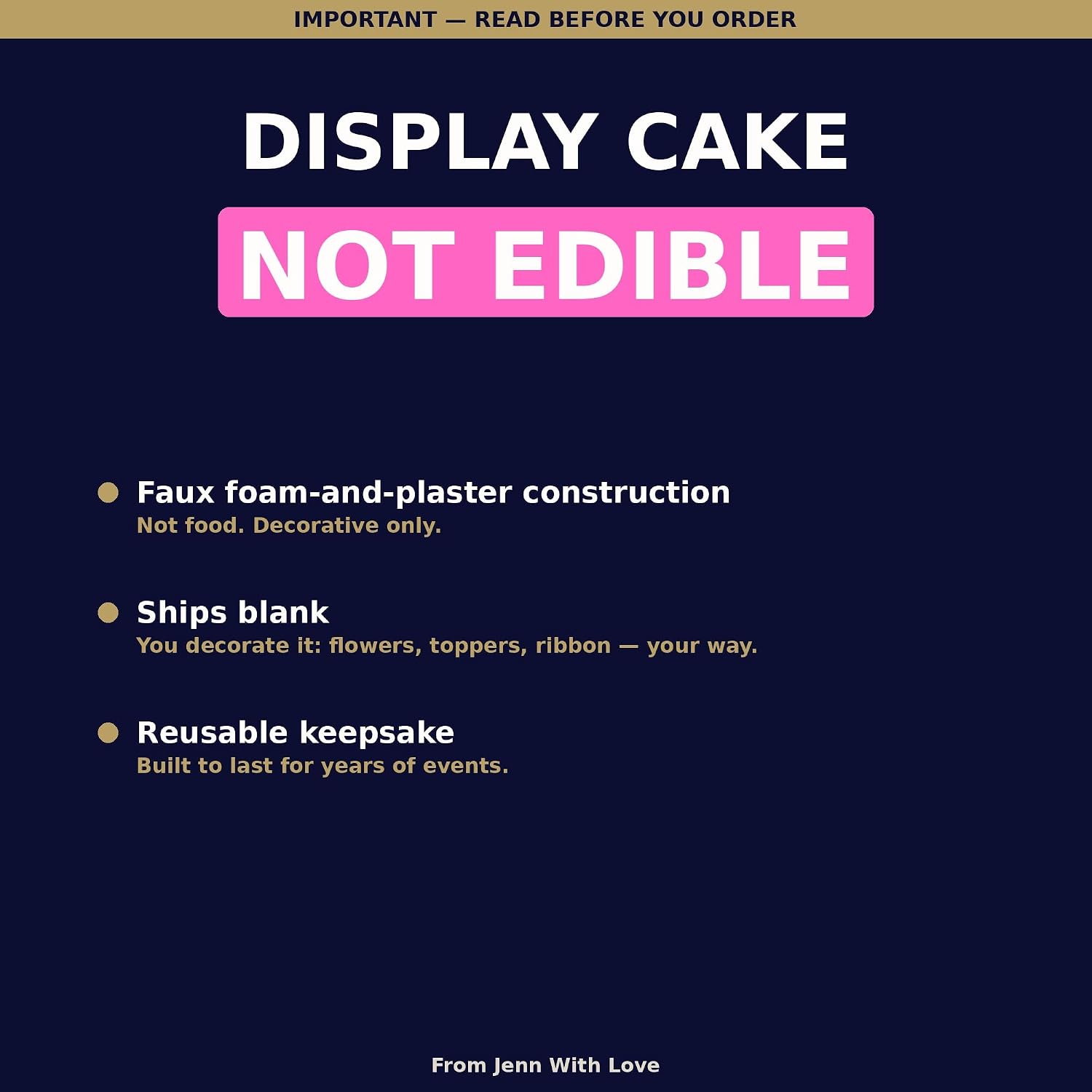 FromJennWithLove 3 Tier Fake Cake, 12" Tall Ready-to-Decorate Ivory Display Cake – 6-8-10 Inch Tiers – 4-Day Artisan Process, Made in USA – Reusable for Weddings & Events