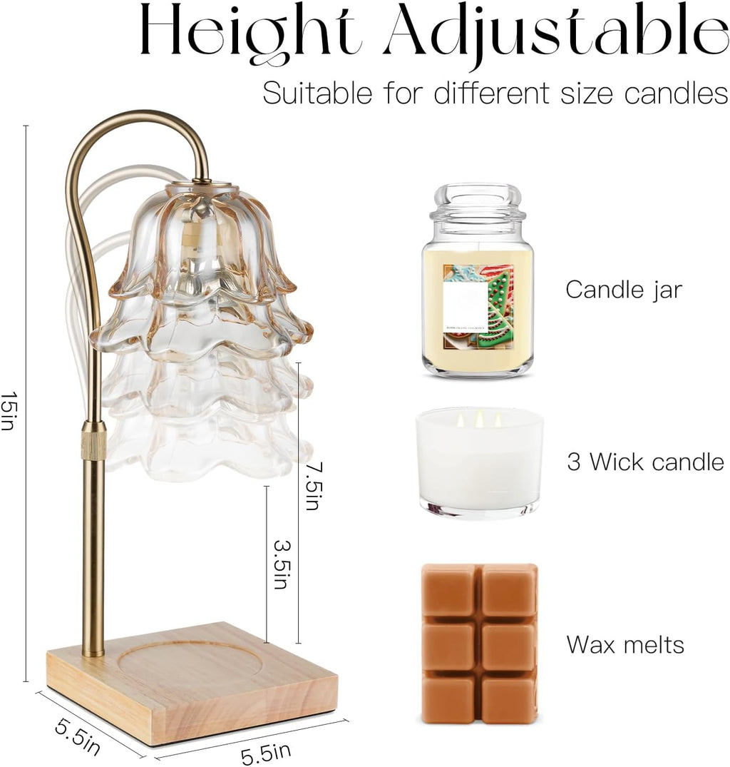 Candeldo Candle Warmer Lamp with Timer, Gold Flower Glass Shade | Height Adjustable, Dimmable, Fits 3-Wick Candles and Wax Melts, Ideal for Bedroom Decor, Birthday Gifts for Women