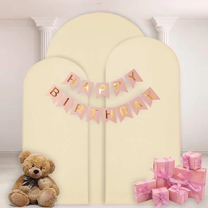 WEERRW Wedding Arch Cover Beige Spandex Fitted Set of 3 Balloon Arch Stand Covers Round Top Chiara Stretchy Backdrop for Birthday Party Baby Shower Banquet Decoration (6FT, 6.6FT, 7.2FT)