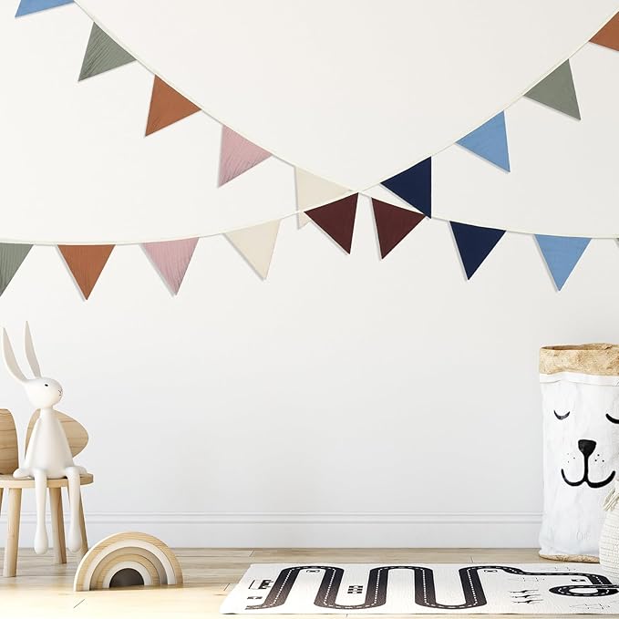 Oudain 15.5 ft Pennant Banner Flags, 2 Pcs Nursery Garland Triangle Bunting Flag Baby Banner for Nursery Decor Baby Birthday Boho Wedding Shower Party Event, Each 7.75 ft(Neutral Color)