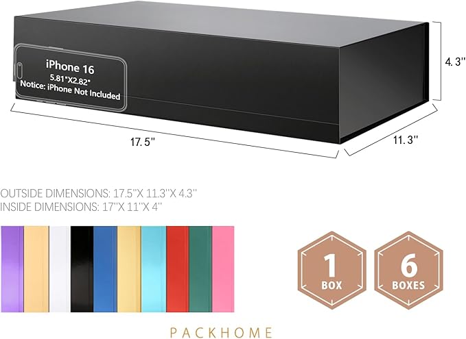 PACKHOME 6 Extra Large Gift Boxes 17.5x11.3x4.3 Inches, Sturdy Shirt Boxes with Magnetic Lids for Clothes and Large Gifts (Glossy Black)