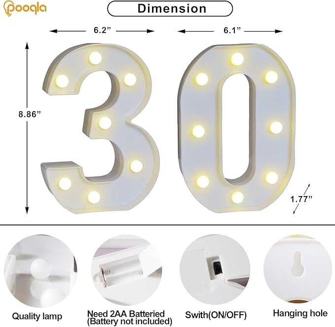 Pooqla 30th Birthday Decorations for Her Him, Light Up Number 30 for Party Table Decorations, 30th Birthday Gift for Women Men, Backdrop Wall Decor for 30th Wedding Anniversary Decoration