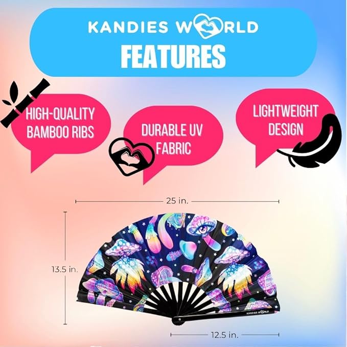 Kandies World UV Reactive Custom Festival Folding Hand Fan - Unique Designs, Made of Bamboo, Clacking Sound, Lightweight - Perfect Rave and Festival Accessory!