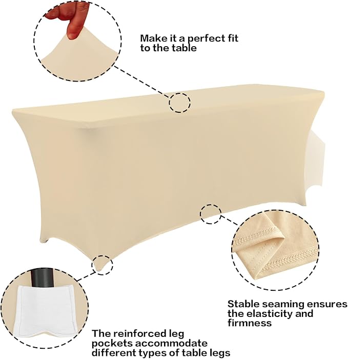 IVAPUPU 2 Pack 4FT Table Cloth for Rectangular Fitted Events Stretch Champagne Table Covers Washable Cover Spandex Tablecloth Protector for Party, Wedding, Cocktail, Banquet, Festival