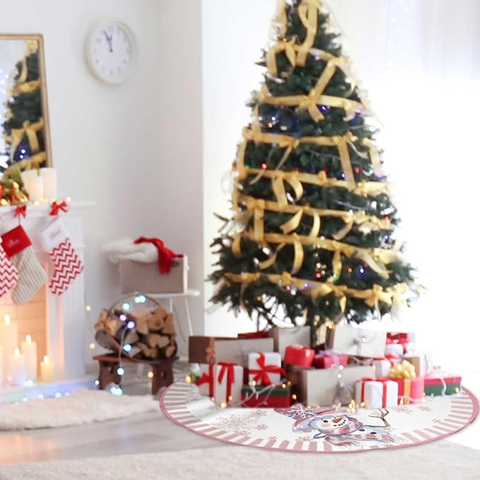 Let It Snow Snowman Christmas Tree Skirt 48 Inches, Pink Snowflake Tree Skirt, Winter Xmas Tree Mat for Home Party Holiday Indoor Outdoor Decorations (Pink, 48in)