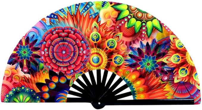 2 Pack Large Folding Rave Fan for Women/Men Holographic Festival Bamboo Clack Hand Fan Decorative Accessories for EDM, Music Festival, Event, Party, Dance, Performance,Halloween (Style-2)
