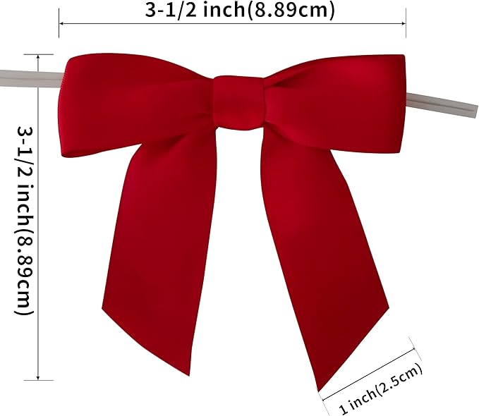 50pcs 3-1/2" Red Satin Ribbon Bows with Twist Ties Giant Bows for Christmas Holiday Gift Packing&Wrapping (Red)