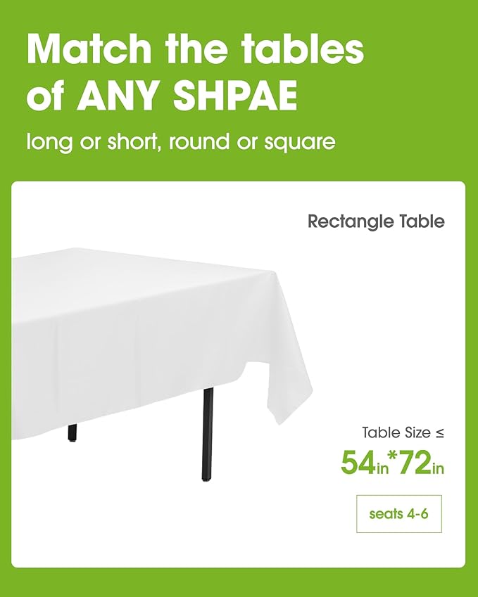 Pureegg Plastic Table Cloth Disposable 10 Pack, 54 x 72 Inch Table Cloths, Party, Picnic, Wedding, Decorative Tablecloths, Rectangle, White Plastic Cover, Leakproof & Sturdy, White