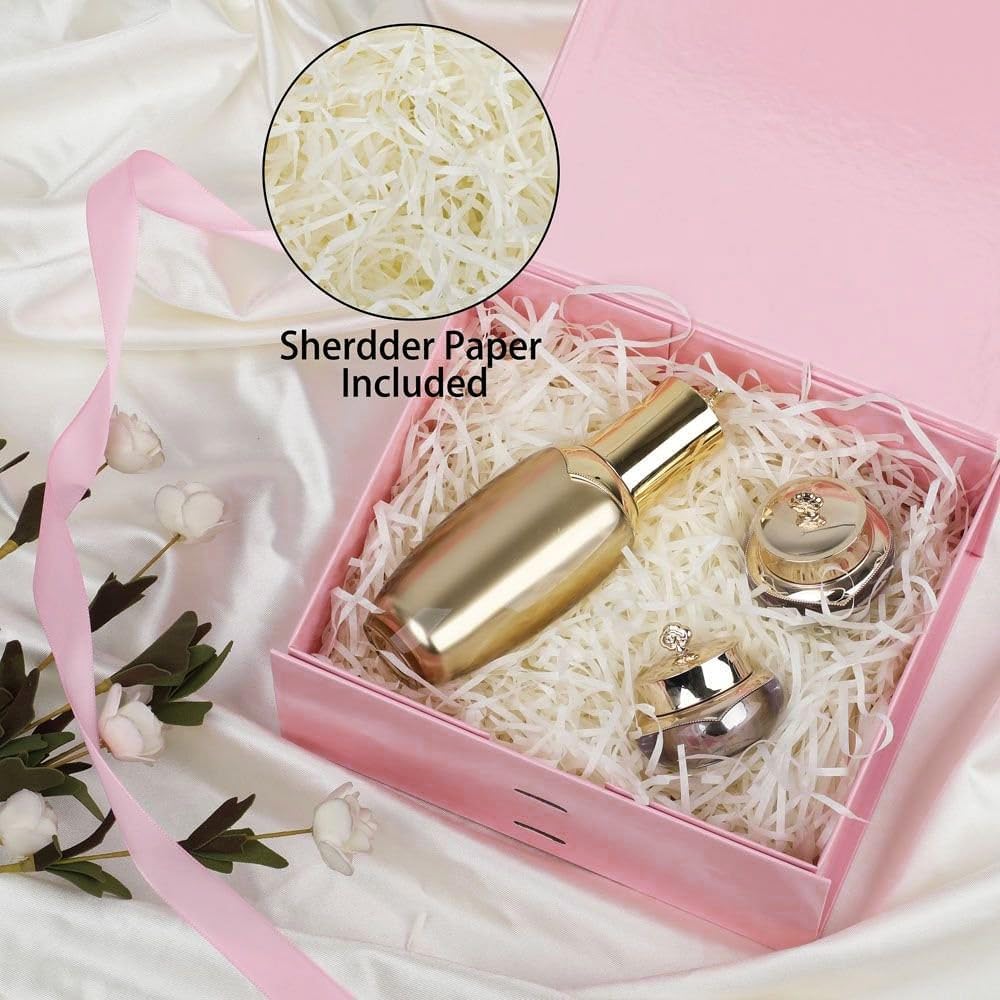 GoooodGift Pink Gift Box with Ribbon 1 Pcs 8x7X3.3 Inch Small Gift Box with Lid Magnetic Closure Rectangle Collapsible Luxury Gift Boxes for Mother's Day、Birthdays、Shredded Paper Filler