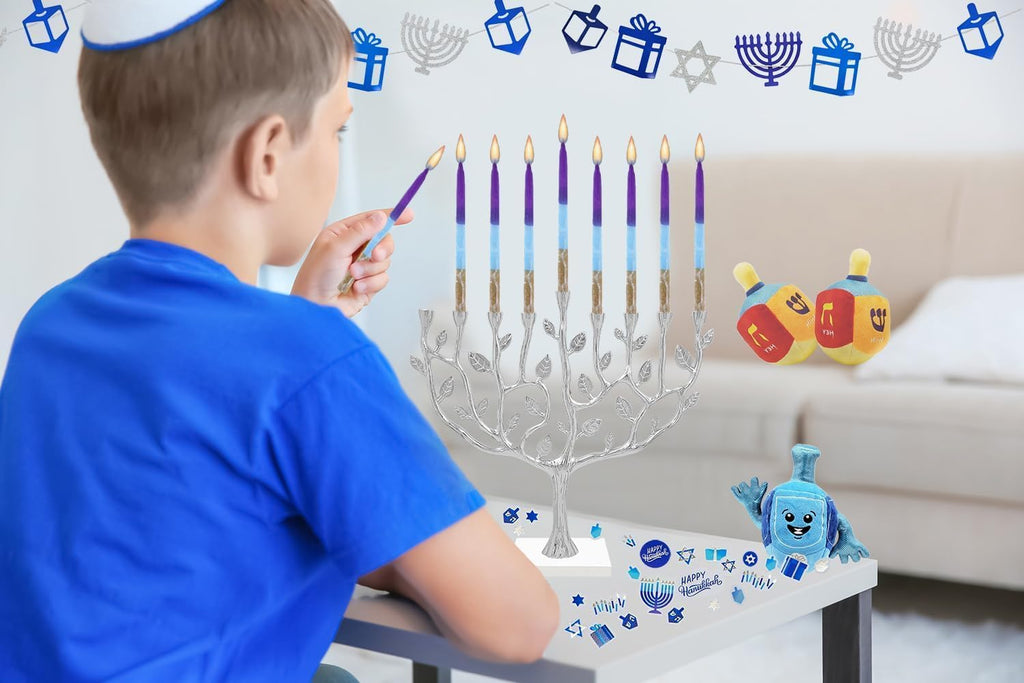 Dripless Hanukkah Candles 45 Hanukkah Candles Decorative Purple, with Blue & Gold Frosted Stripes 1-Hour Burn Time