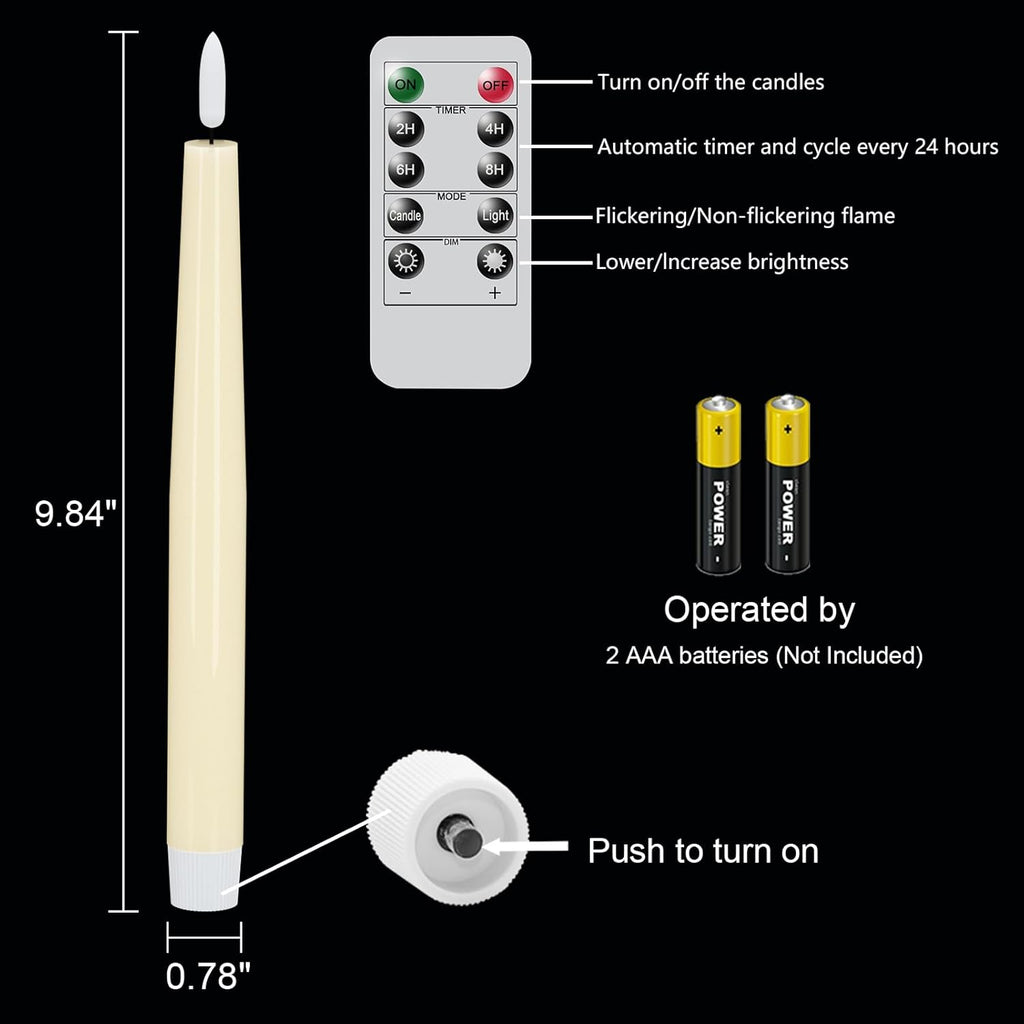 GenSwin Flameless Taper Candles with Remote Timer, Real Wax LED Flickering Candlesticks Battery Operated 3D Wick for Wedding, Party, Home(Ivory, 9.84", Set of 3)