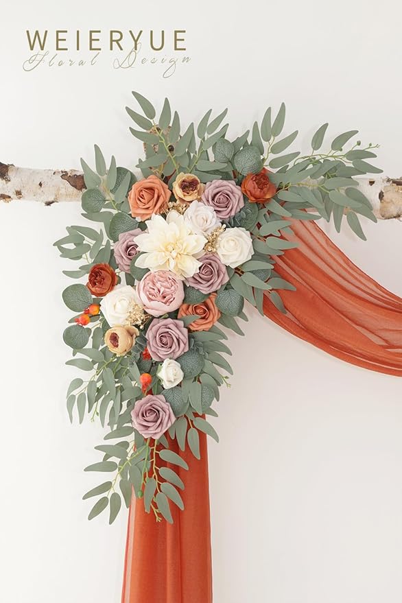 Artificial Wedding Arch Flowers Kit(Pack of 3),2Pcs Artificial Flower Arch Decor,1Pcs Sheer Drape for Wedding Ceremony Arbor for WeddingCeremony (Burnt Orange Wedding)